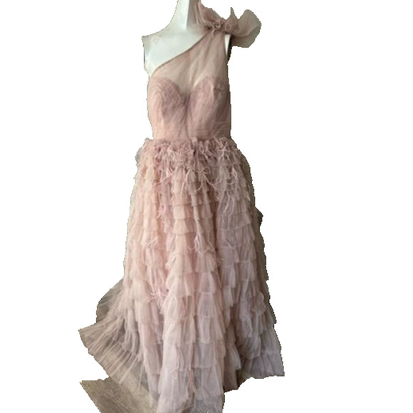 NWT Mac Duggal 20447 One Shoulder Bow Feather Tiered A-Line Gown $798 Sz 10 ROSE - Picture 4 of 7